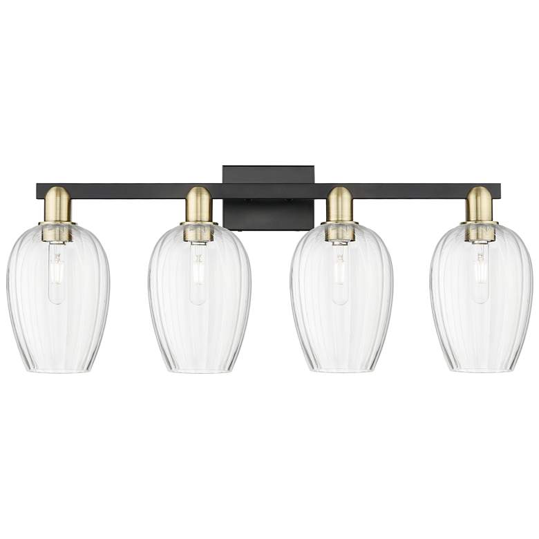 Image 1 Preston 36"W 4 Light Black Brass Bath Light With Clear Flute Shade