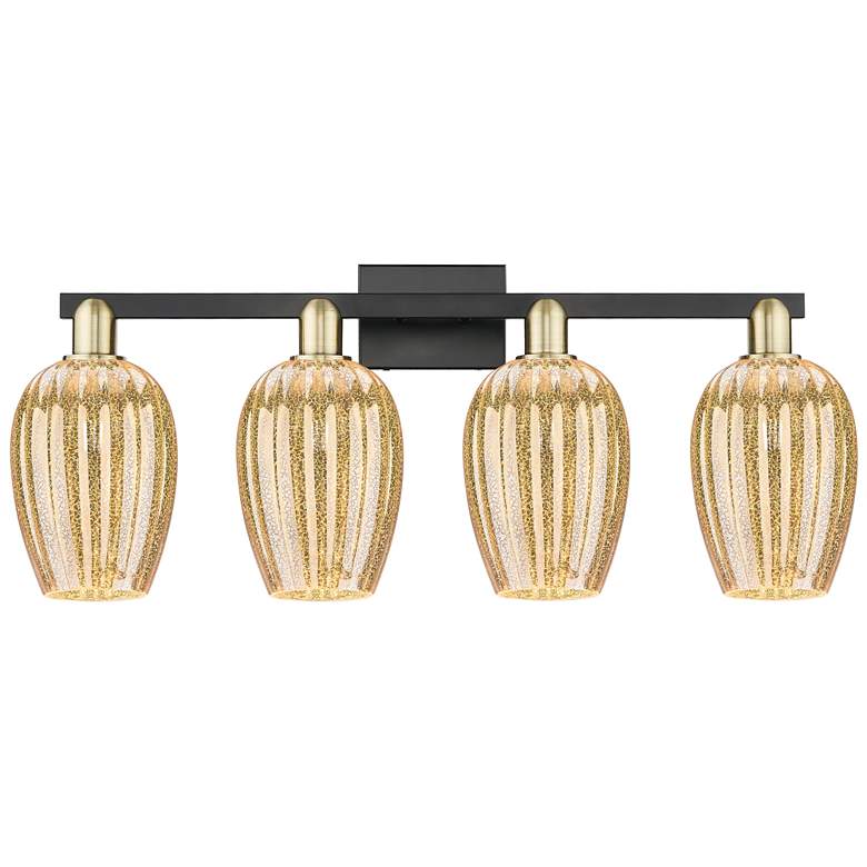 Image 1 Preston 36"W 4 Light Black Brass Bath Light With Mercury Flute Shade