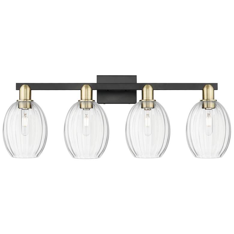 Image 1 Preston 36"W 4 Light Black Brass Bath Vanity Light w/ Bell Clear Shade