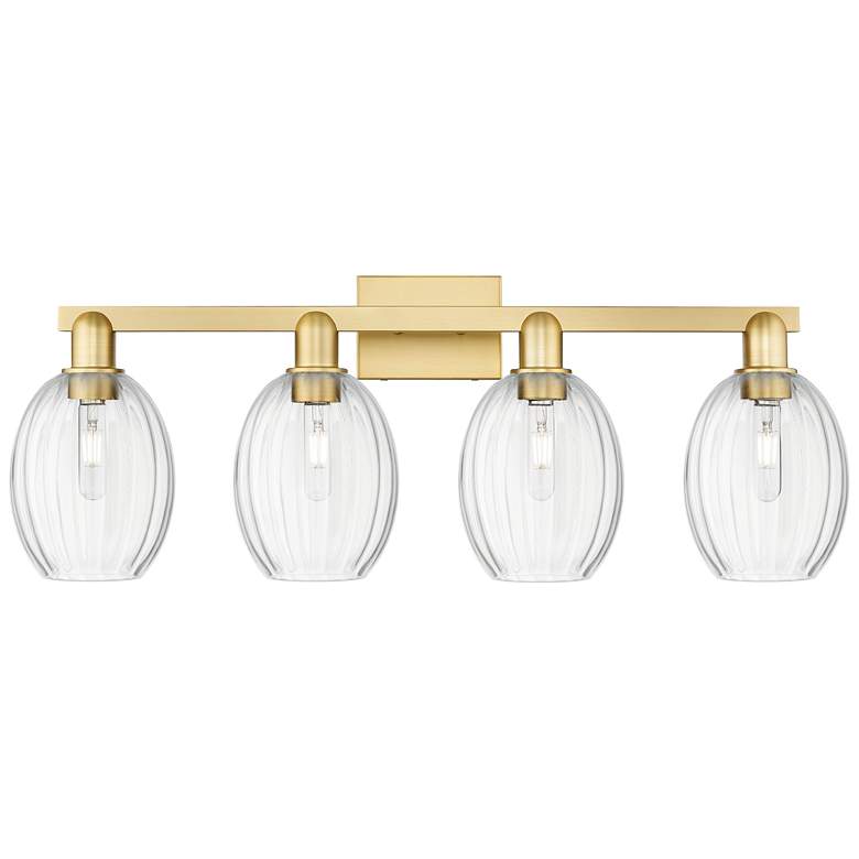 Image 1 Preston 36"W 4 Light Satin Gold Bath Vanity Light With Bell Clear Shade