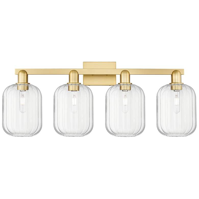 Image 1 Preston 36"W 4 Light Satin Gold Bath Vanity Light With Clear Jar Shade