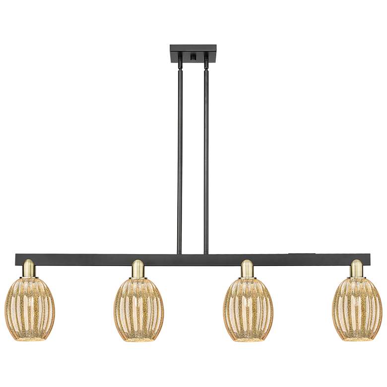 Image 1 Preston 48"W 4 Light Black Brass Stem Island Light w/ Bell Mecury Shade