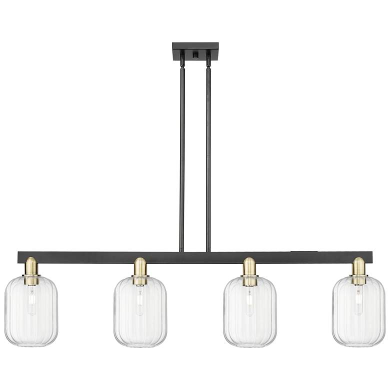 Image 1 Preston 48"W 4 Light Black Brass Stem Island Light With Clear Jar Shade