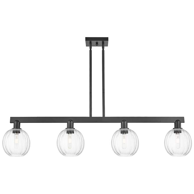 Image 1 Preston 48"W 4 Light Matte Black Stem Island Light w/ Clear Globe Shade