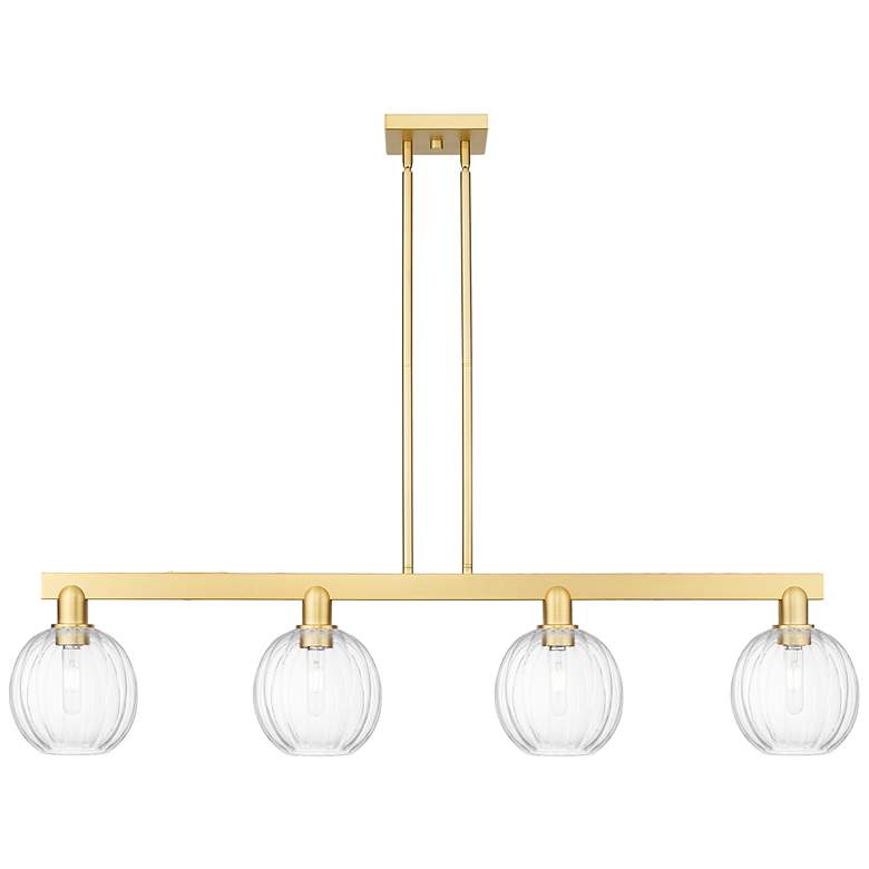 Image 1 Preston 48"W 4 Light Satin Gold Stem Island Light w/ Globe Clear Shade