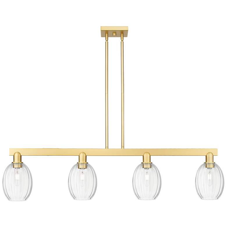 Image 1 Preston 48"W 4 Light Satin Gold Stem Island Light With Bell Clear Shade
