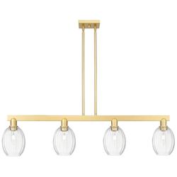 Preston 48"W 4 Light Satin Gold Stem Island Light With Bell Clear Shade
