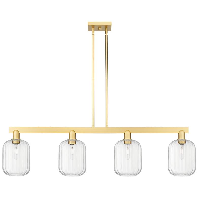 Image 1 Preston 48"W 4 Light Satin Gold Stem Island Light With Clear Jar Shade