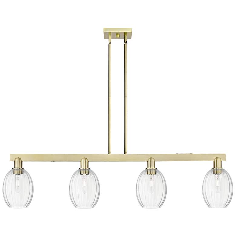 Image 1 Preston 48"W 4-Lt Antique Brass Stem Island-Lt w/ Bell Clear Shade