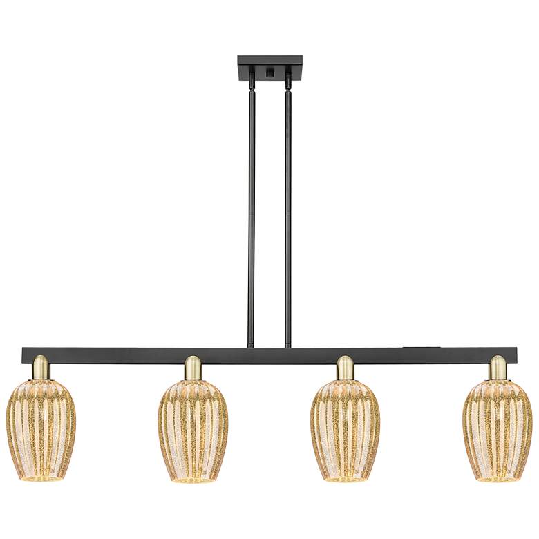 Image 1 Preston 48"W 4-Lt Black Brass Stem Island-Lt w/ Flute Mercury Shade