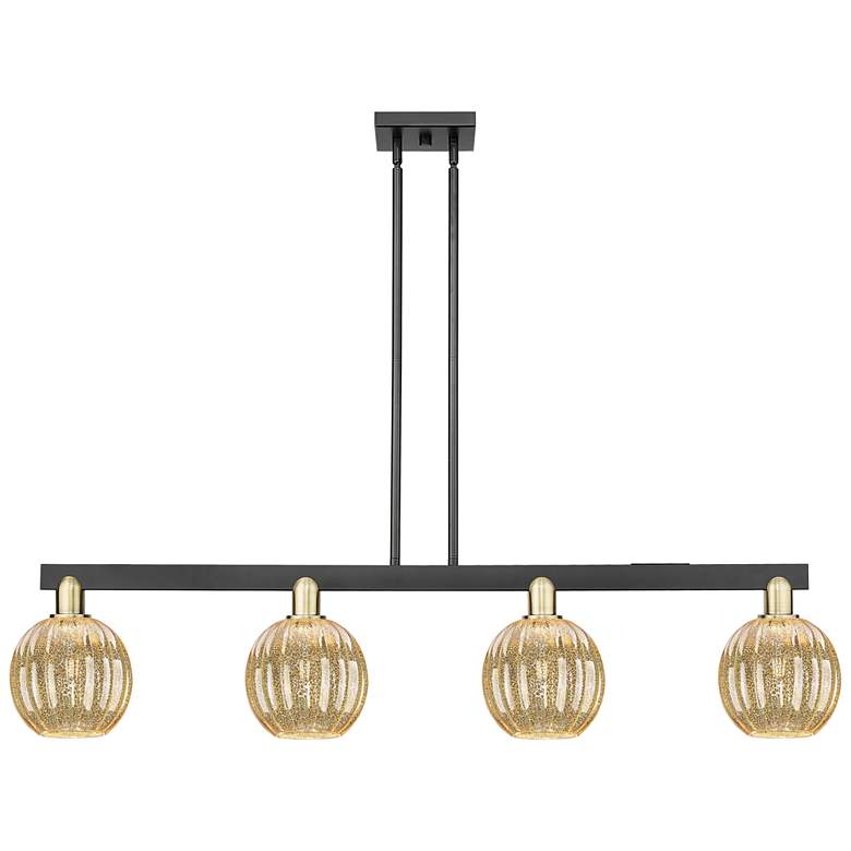 Image 1 Preston 48"W 4-Lt Black Brass Stem Island-Lt w/ Mercury Globe Shade