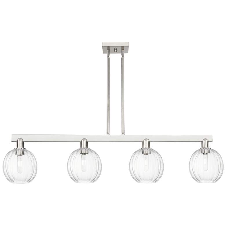 Image 1 Preston 48"W 4-Lt Satin Nickel Stem Island-Lt w/ Clear Globe Shade