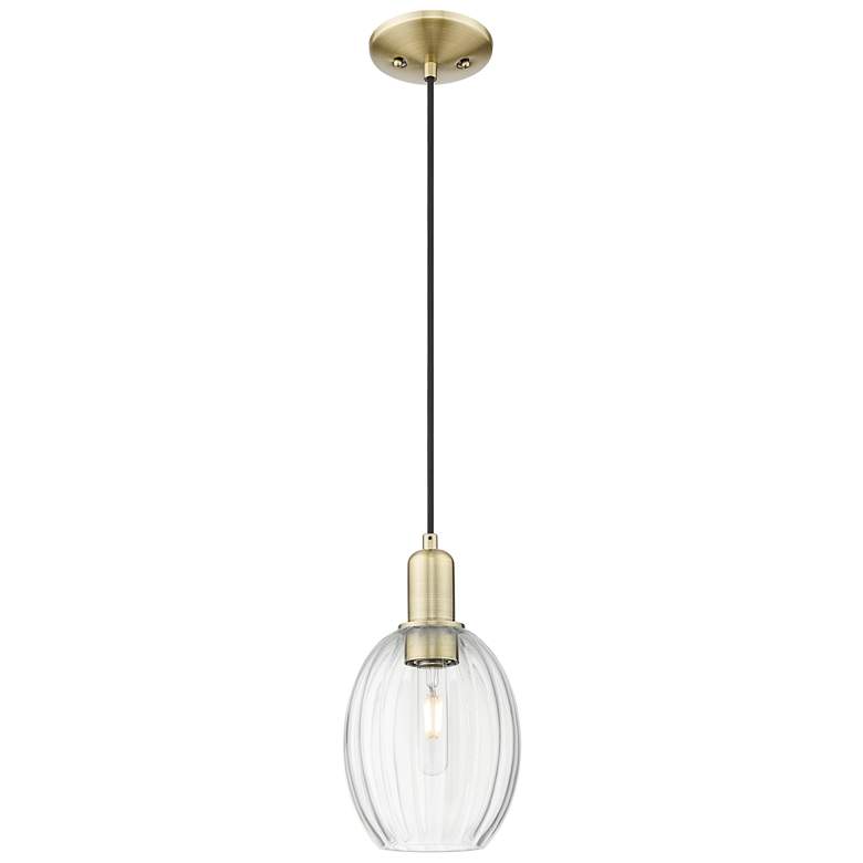 Image 1 Preston 6"W Antique Brass Cord Hung Mini Pendant With Bell Clear Shade