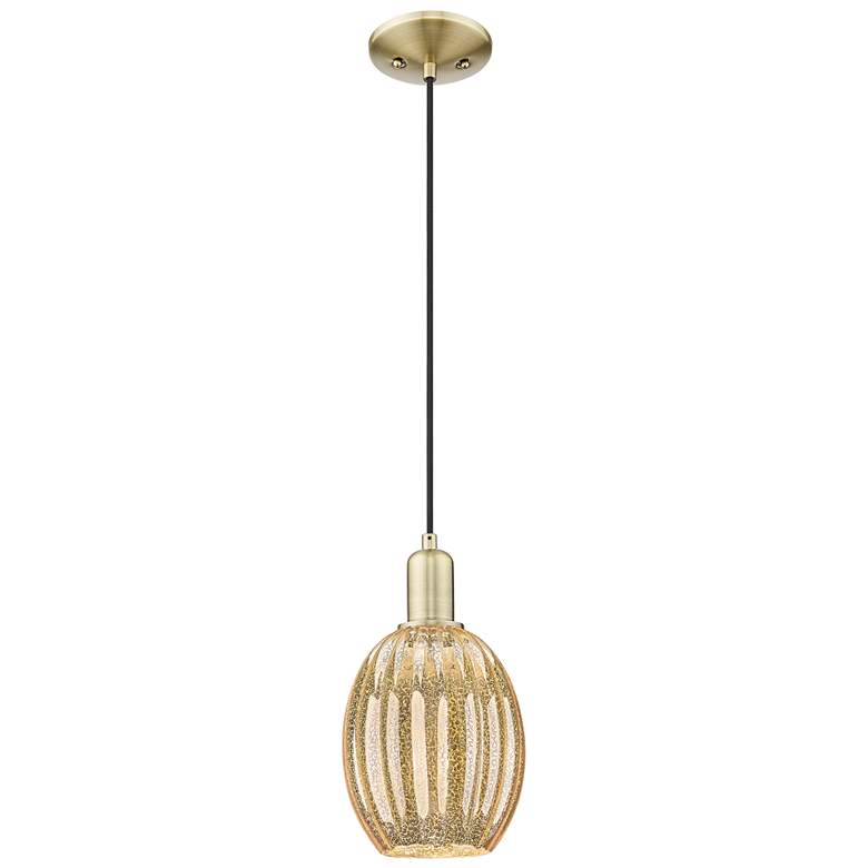 Image 1 Preston 6"W Antique Brass Cord Hung Mini Pendant With Bell Mecury Shade