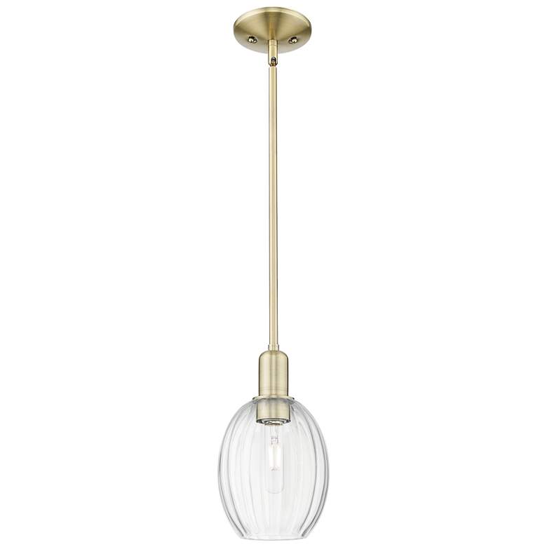 Image 1 Preston 6"W Antique Brass Stem Hung Mini Pendant With Bell Clear Shade