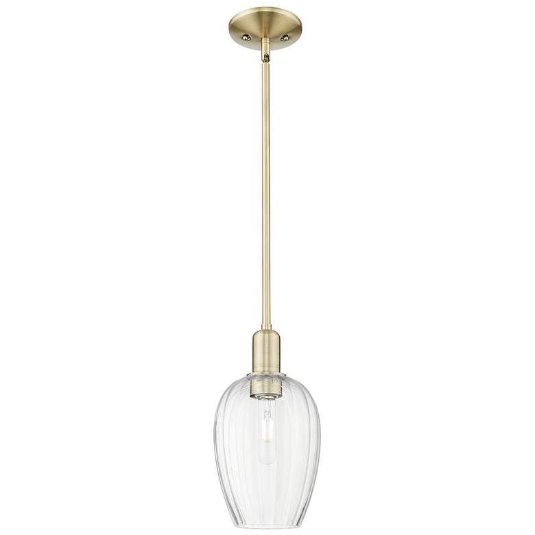 Image 1 Preston 6"W Antique Brass Stem Hung Mini Pendant With Flute Clear Shade