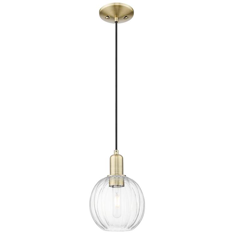 Image 1 Preston 7"W Antique Brass Cord Hung Mini Pendant With Clear Globe Shade