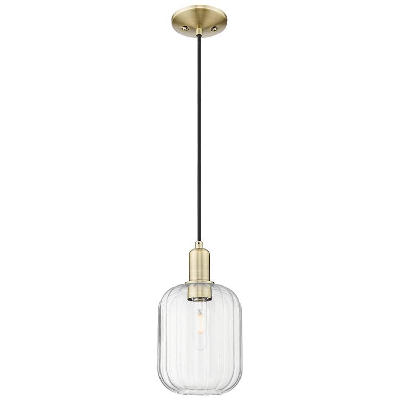 Image 1 Preston 7"W Antique Brass Cord Hung Mini Pendant With Clear Jar Shade