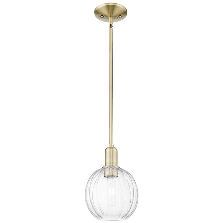 Image 1 Preston 7"W Antique Brass Stem Hung Mini Pendant With Clear Globe Shade