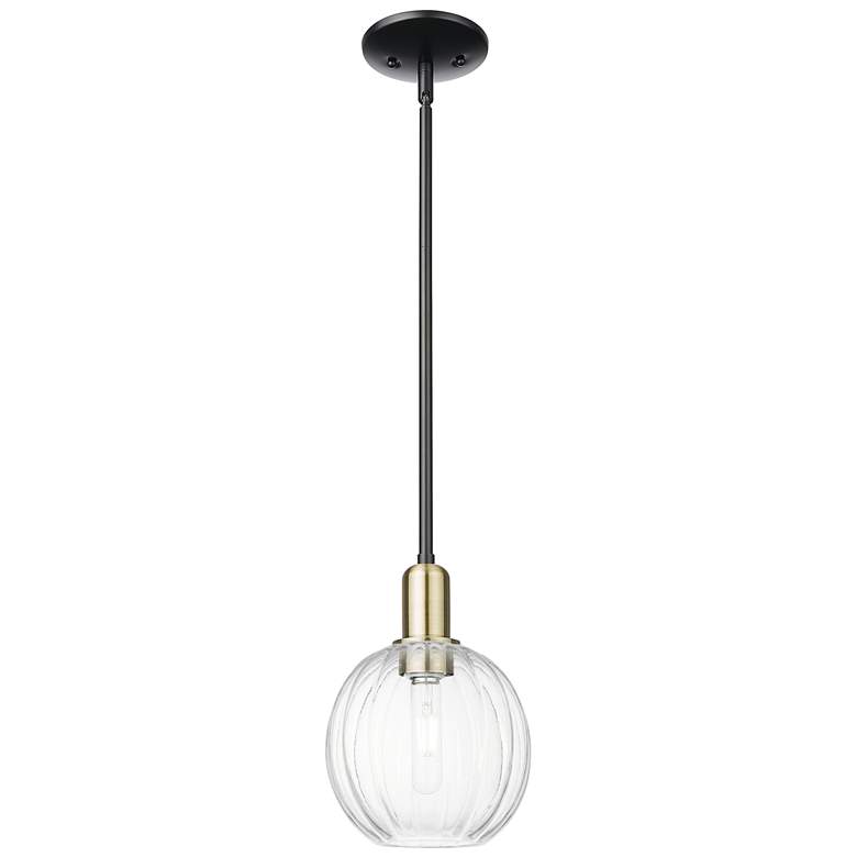 Image 1 Preston 7"W Black Brass Stem Mini Pendant With Clear Globe Shade
