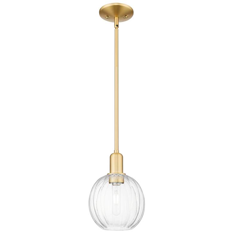 Image 1 Preston 7"W Satin Gold Stem Hung Mini Pendant With Clear Globe Shade