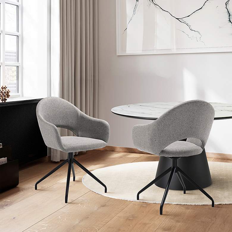 Image 1 Pria Set of 2 Swivel Dining Chairs in Gray Fabric with Black Metal Legs