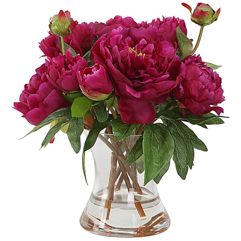 Image 2 Prima Peony Bouquet 13"W Faux Flowers in Clear Glass Vase