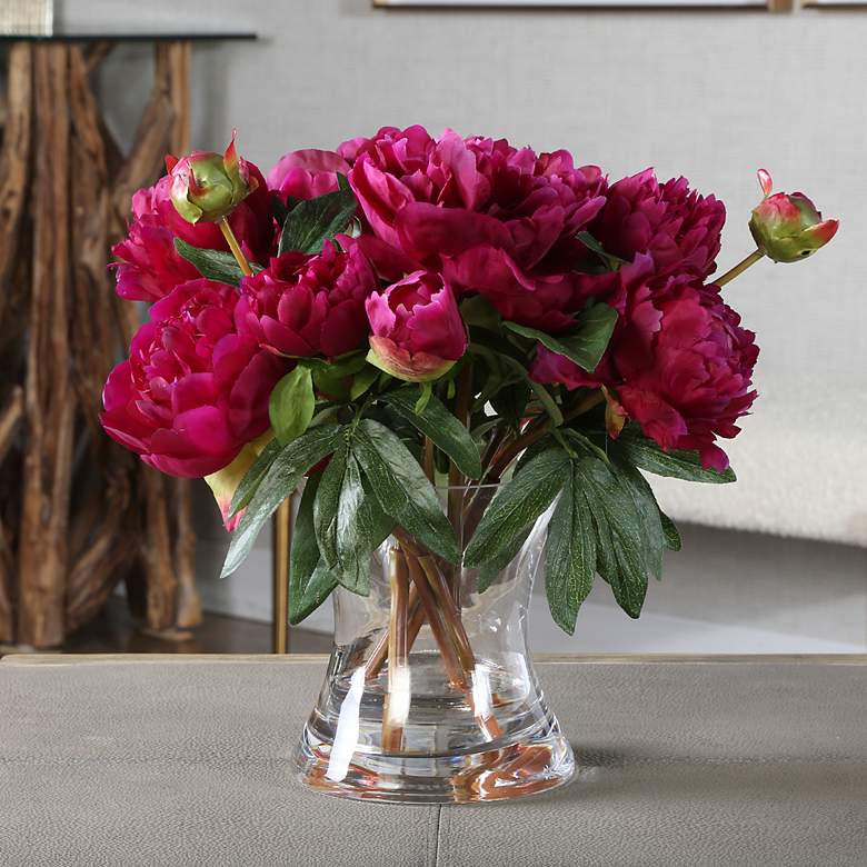 Image 1 Prima Peony Bouquet 13"W Faux Flowers in Clear Glass Vase