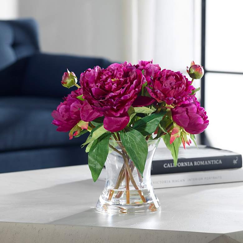 Image 3 Prima Peony Bouquet 13"W Faux Flowers in Clear Glass Vase more views