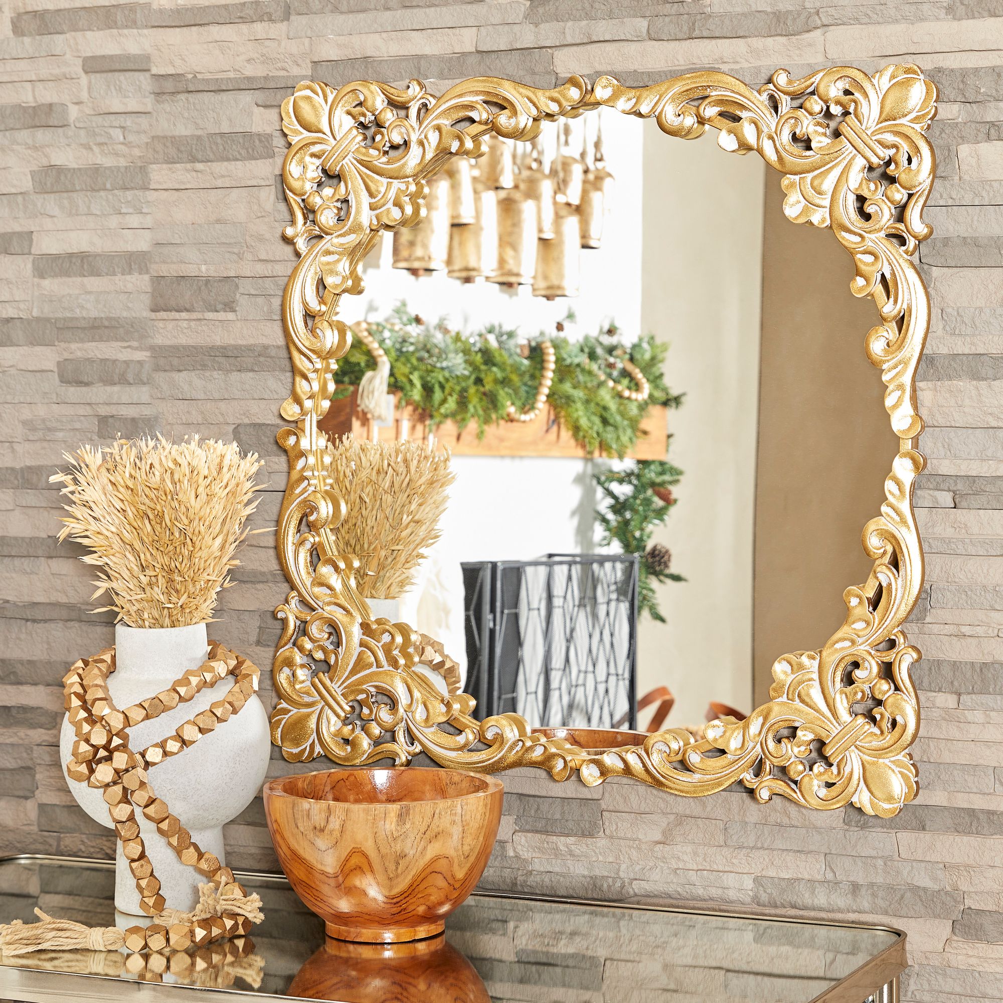 Image 5 Princesa Satin Gold Acanthus Floral 30" Square Wall Mirror more views