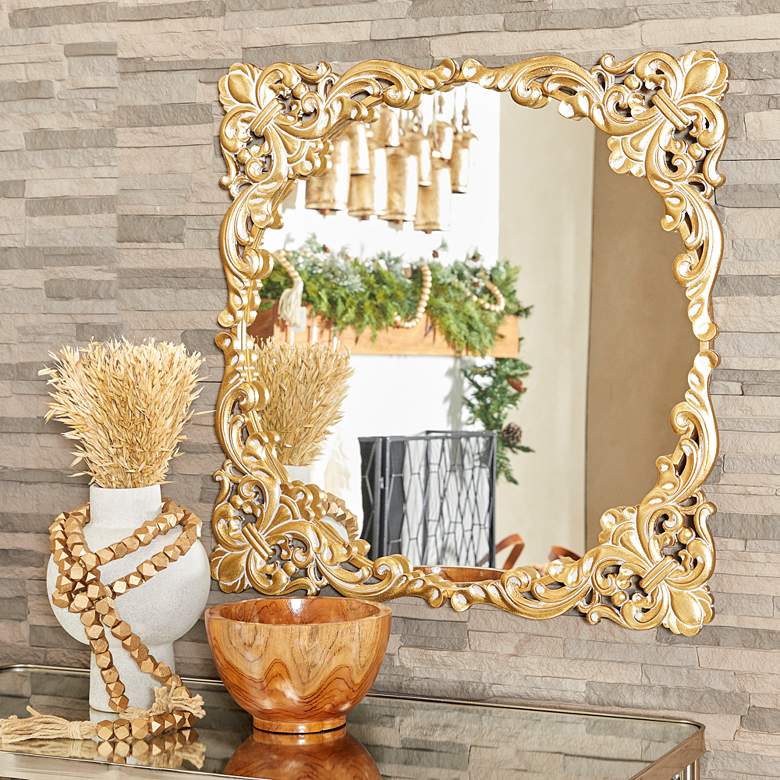 Image 5 Princesa Satin Gold Acanthus Floral 30 inch Square Wall Mirror more views
