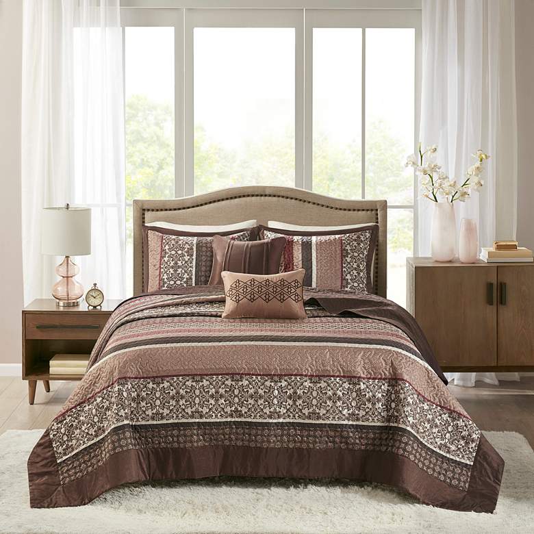 Image 2 Princeton Red Jacquard Queen 5-Piece Bedspread Set