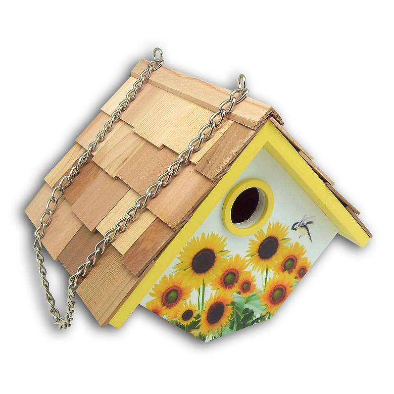 Image 1 Printed Sunflower Wood Wren Hanging Birdhouse