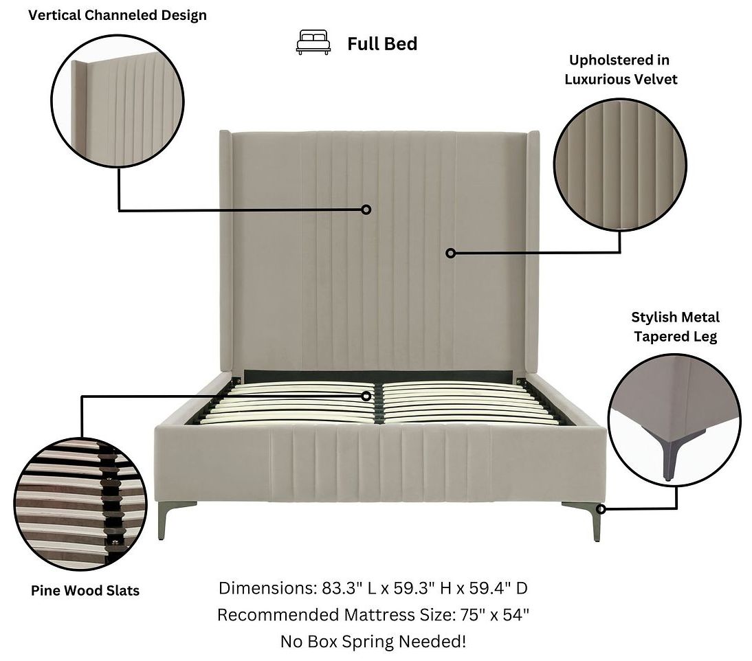 Image 4 Promenade Mid-Century Modern Velvet Upholstered Full Bed in Rustic Taupe more views