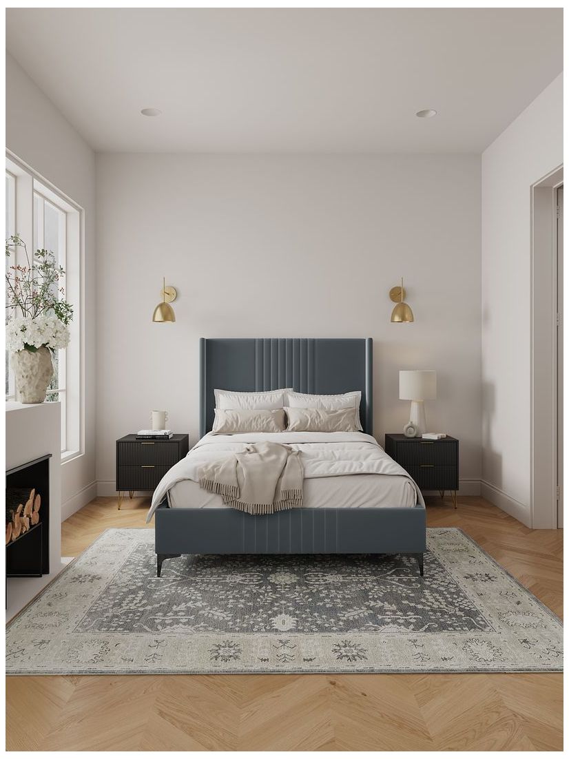 Image 2 Promenade Mid-Century Modern Velvet Upholstered Full- Size Bed in Grey more views