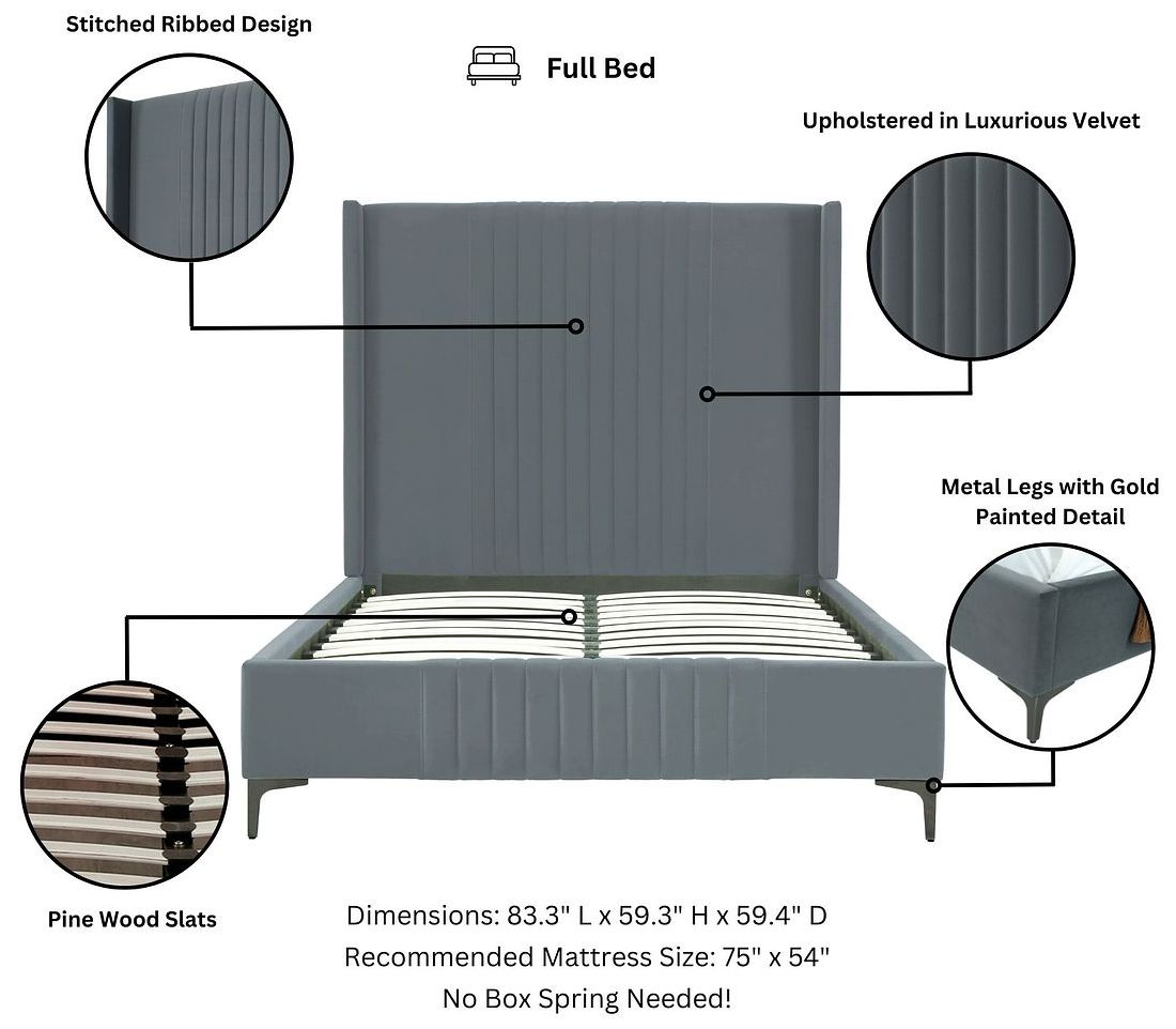 Image 4 Promenade Mid-Century Modern Velvet Upholstered Full- Size Bed in Grey more views