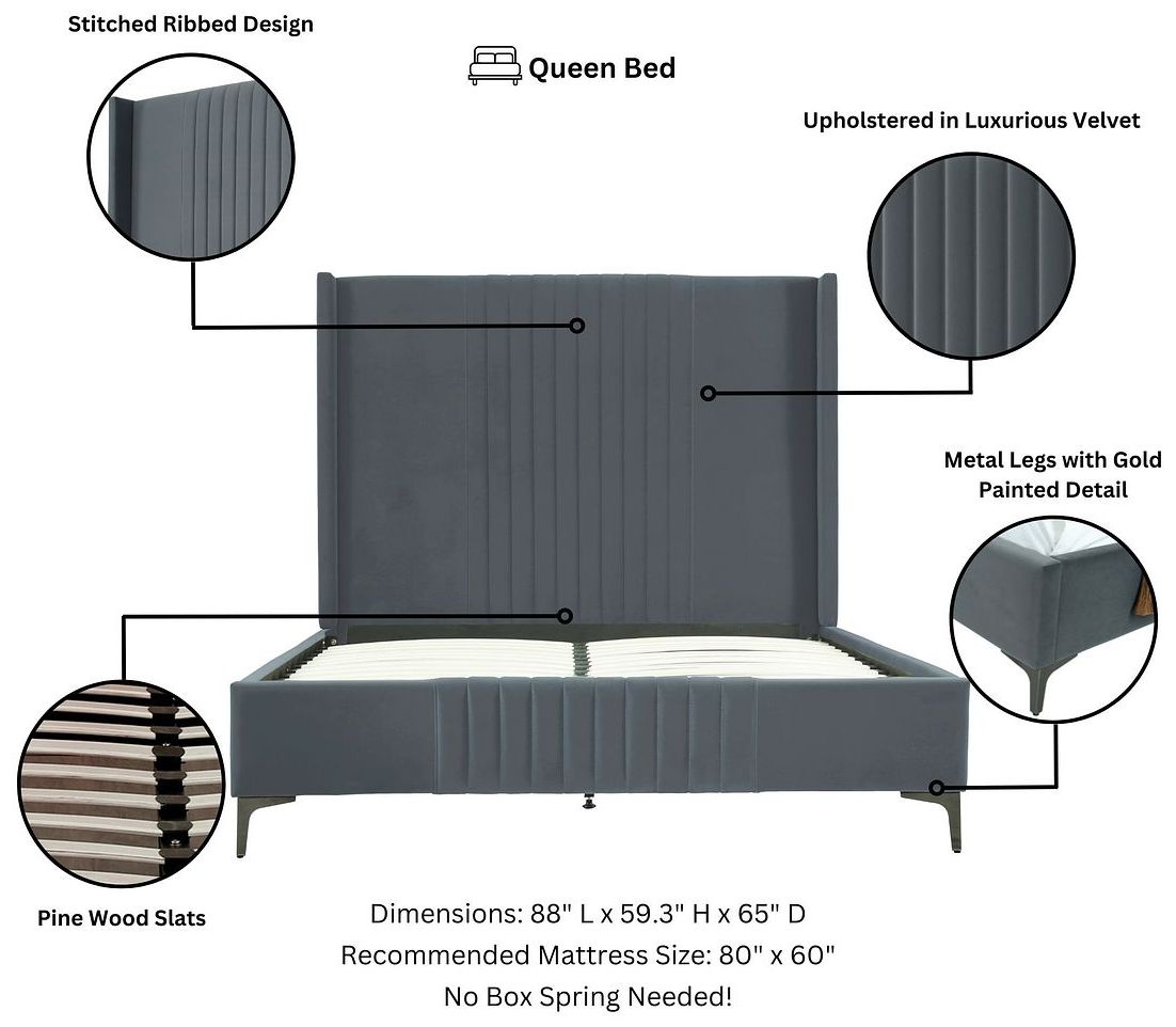 Image 4 Promenade Mid-Century Modern Velvet Upholstered Queen-Size Bed in Grey more views