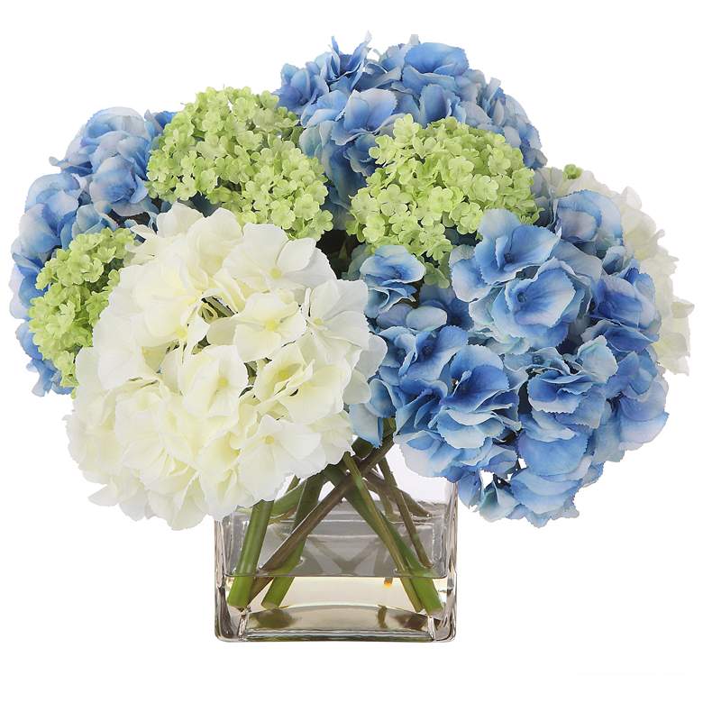 Image 1 Province White Blue Hydrangea 17 inch Wide Faux Flowers in Vase