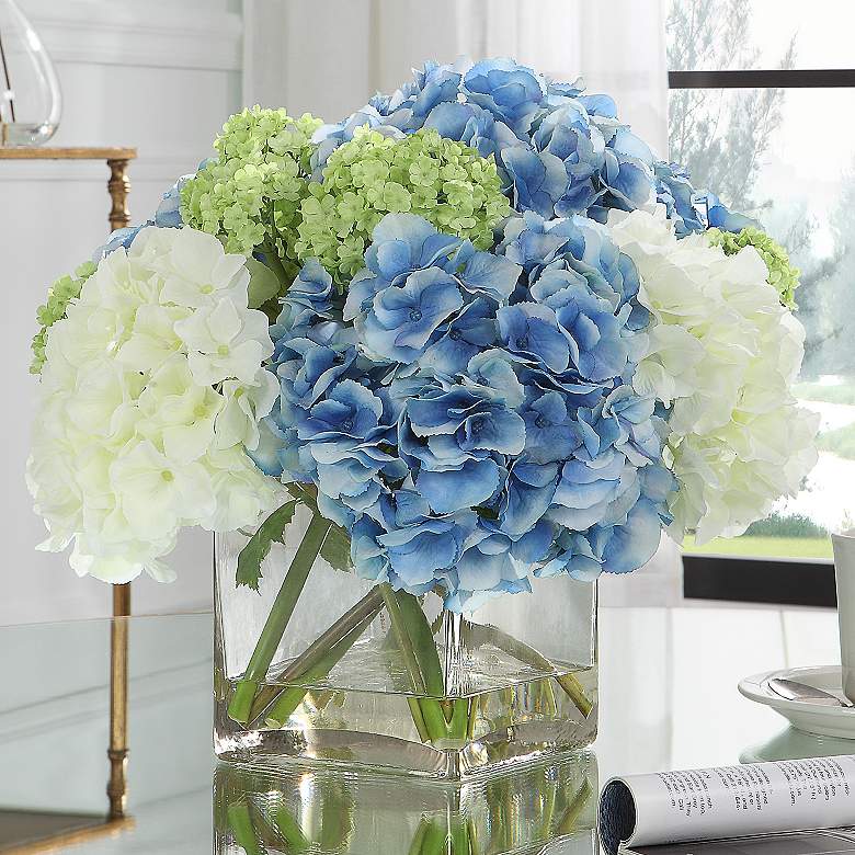 Image 1 Province White Blue Hydrangea 17" Wide Faux Flowers in Vase