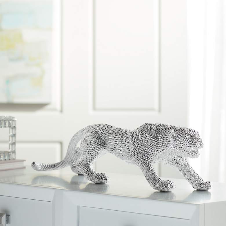 Image 1 Prowling 23 1/2 inch Wide Electroplated Silver Leopard Sculpture