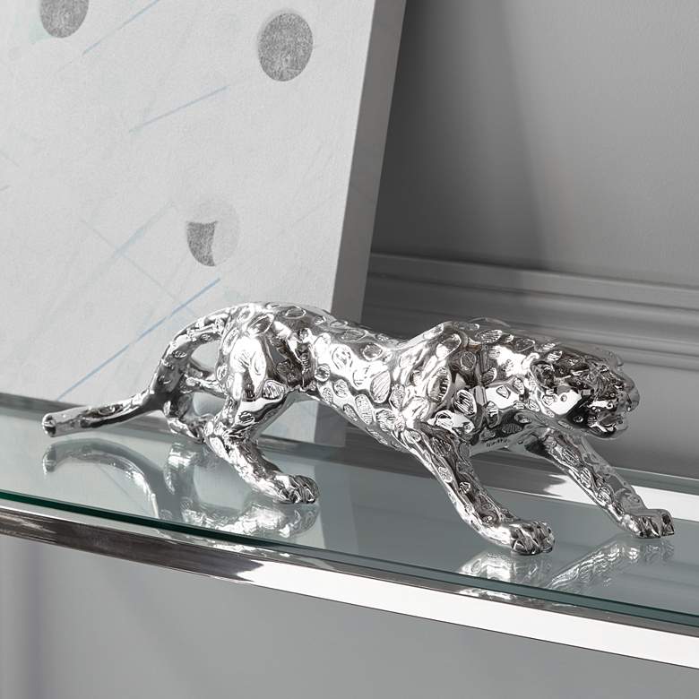 Image 1 Prowling 23 1/2 inch Wide Silver Mirror Leopard Table Sculpture