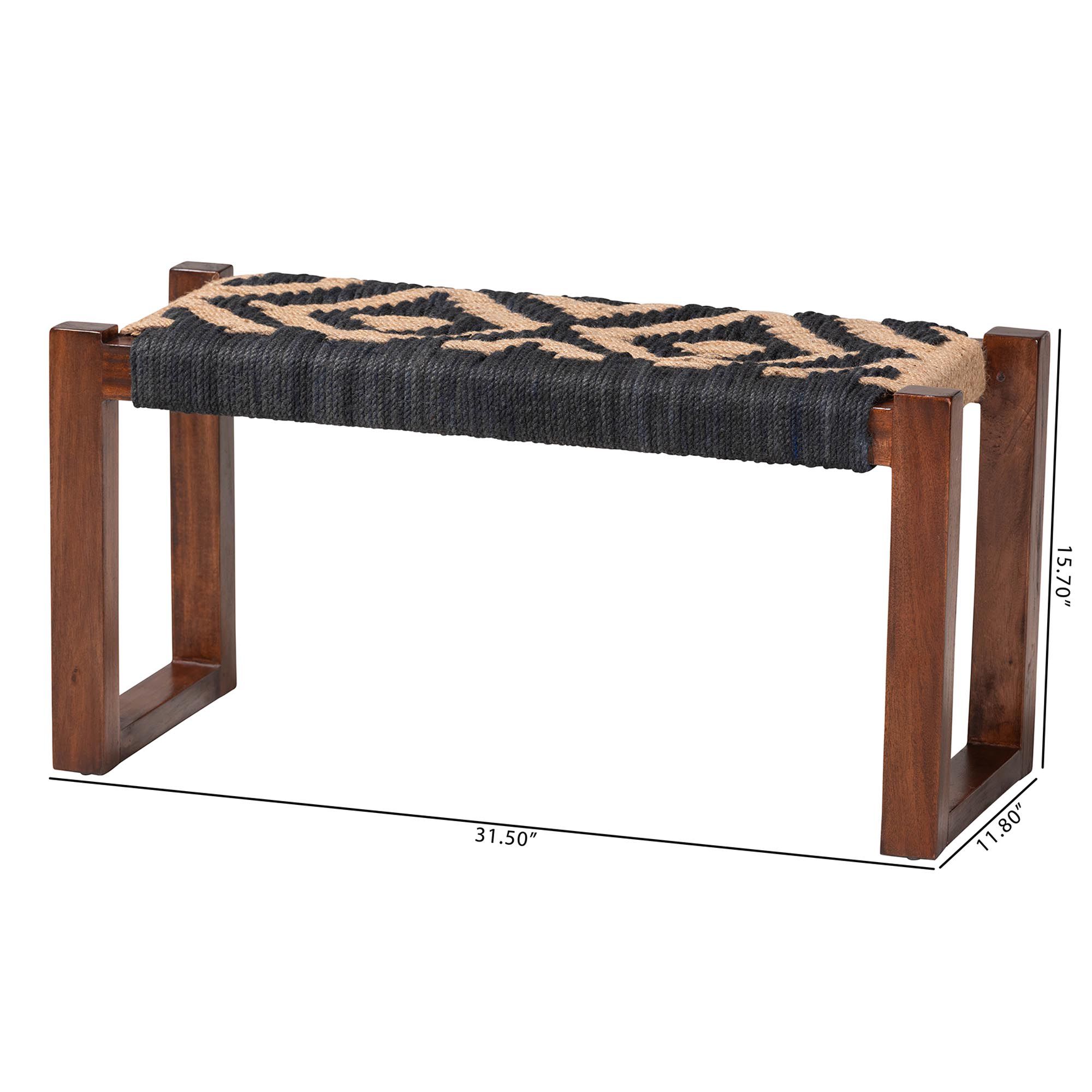 Prunella Navy Blue and Natural Brown Jute and Acacia Accent Bench