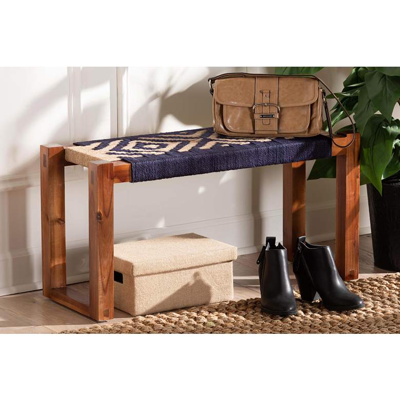 Image 1 Prunella Navy Blue and Natural Brown Seagrass Accent Bench