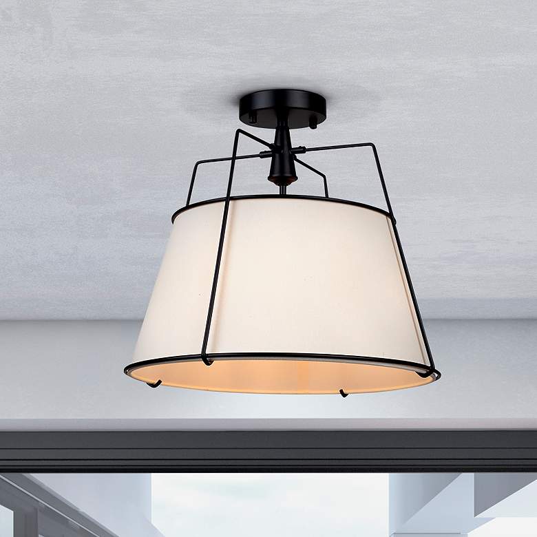 Image 1 Pullman 17" Wide 3-Light Black Semi-Flush Mount With Cream Linen Shade