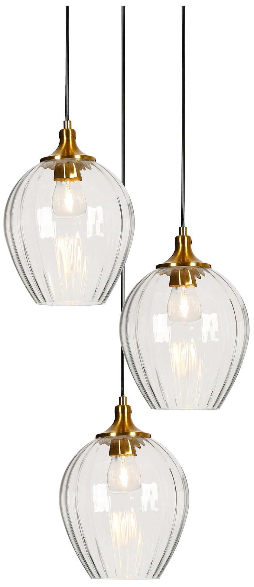 Thumbnail1 of Pumpflute Modern Brass 13.8" 3-Light Fluted Glass Globe Cluster Chandelier