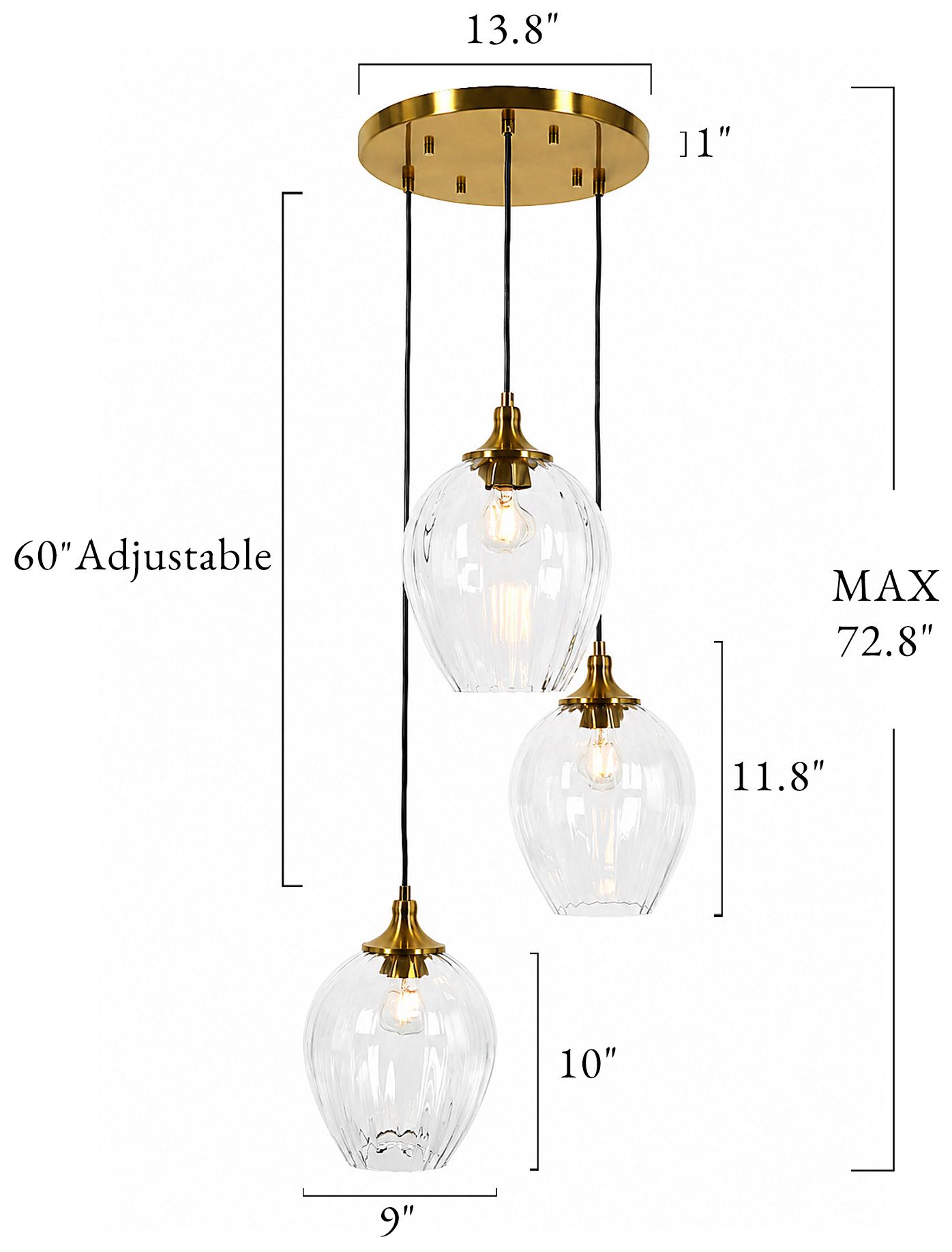 Thumbnail2 of Pumpflute Modern Brass 13.8" 3-Light Fluted Glass Globe Cluster Chandelier more views