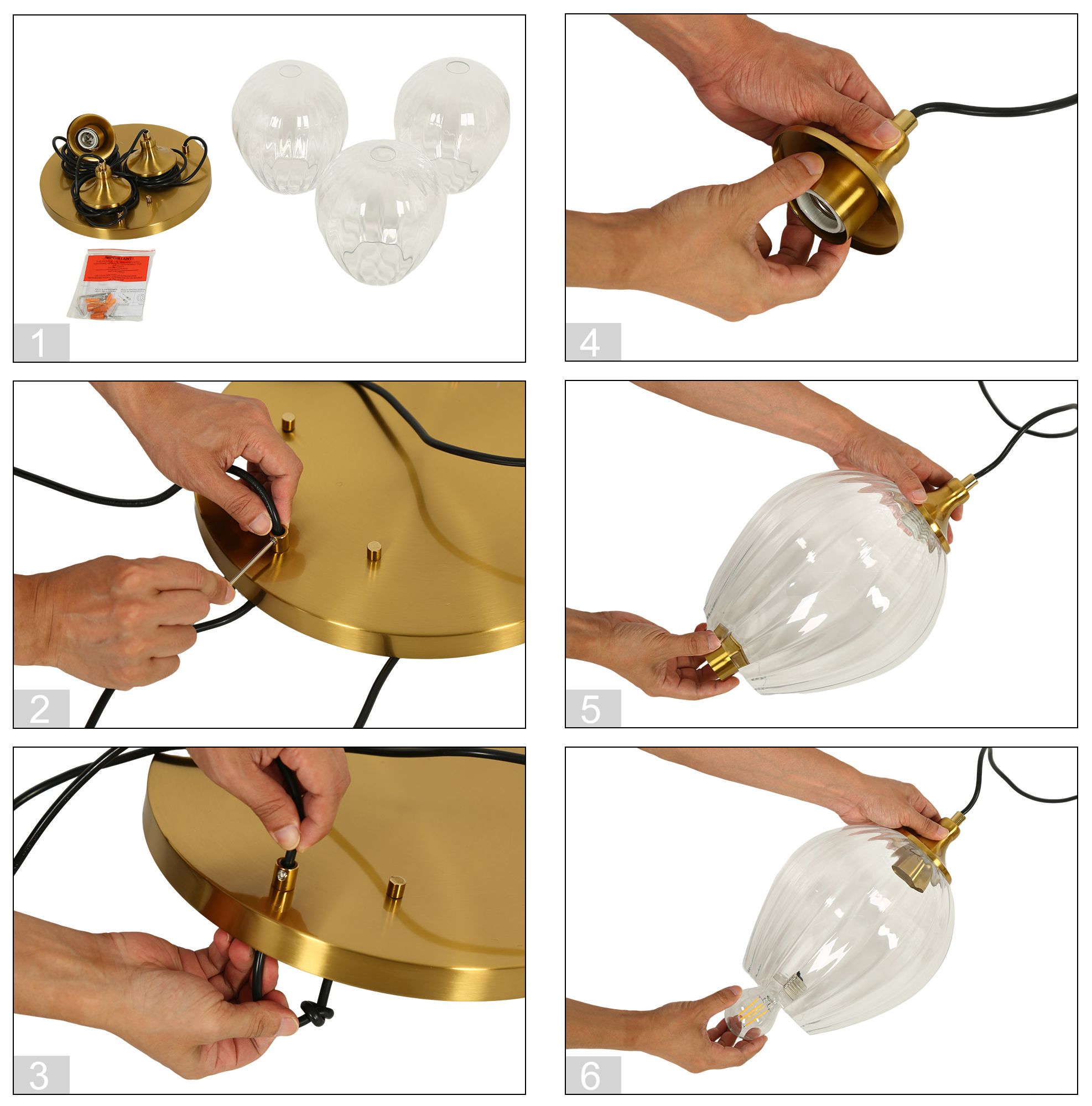 Thumbnail4 of Pumpflute Modern Brass 13.8" 3-Light Fluted Glass Globe Cluster Chandelier more views
