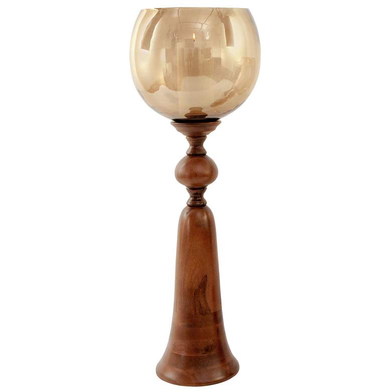 Image 1 Puri Candle Holder- Large - Natural Brown On Wood With Smoke Glass Globe
