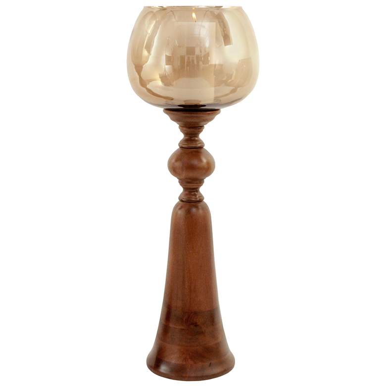 Image 1 Puri Candle Holder - Medium - Smoked Glass &#38; Natural Wood Finish