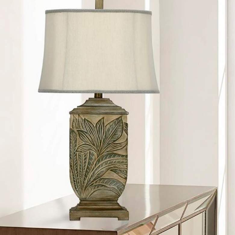 Image 3 Purisima Silver and Green Embossed Leaf Table Lamps Set of 2 more views
